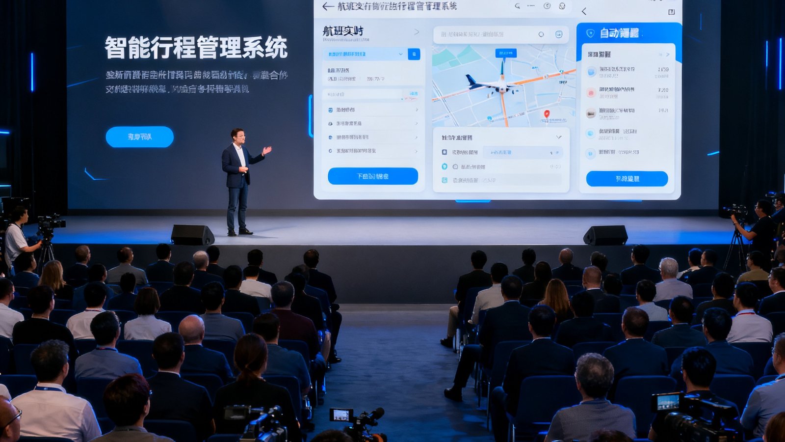AG贵宾厅技术团队在发布会上演示全新智能行程管理系统界面，大屏幕上展示航班实时追踪和自动提醒功能，观众席坐满合作伙伴与媒体记者。